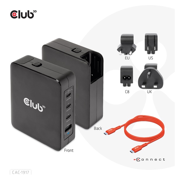 Club 3D Hálózati Adapter - CAC-1917 (140W GaN, 3x USB-C, 1x USB-A, PD3.1, 4 csatlakozó) - Image 7