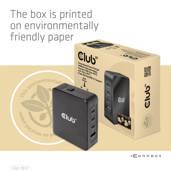 Club 3D Hálózati Adapter - CAC-1917 (140W GaN, 3x USB-C, 1x USB-A, PD3.1, 4 csatlakozó) - Image 10