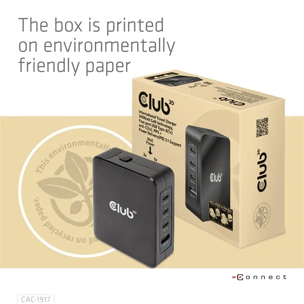 Club 3D Hálózati Adapter - CAC-1917 (140W GaN, 3x USB-C, 1x USB-A, PD3.1, 4 csatlakozó) - Image 10
