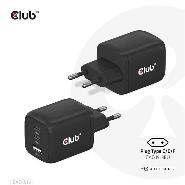 Club 3D Hálózati Adapter - CAC-1913EU (65W GAN, Triple port 2xUSB-C 1xUSB-A PD 3.0)