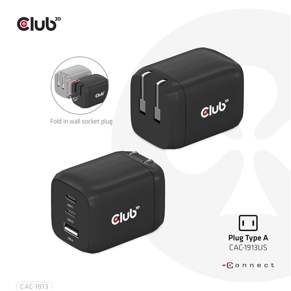 Club 3D Hálózati Adapter - CAC-1913EU (65W GAN, Triple port 2xUSB-C 1xUSB-A PD 3.0) - Image 2