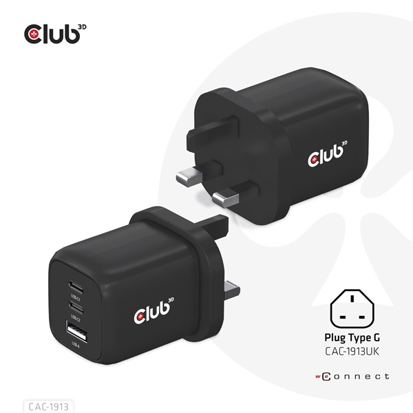 Club 3D Hálózati Adapter - CAC-1913EU (65W GAN, Triple port 2xUSB-C 1xUSB-A PD 3.0) - Image 3