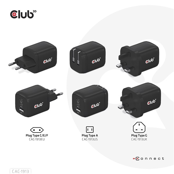 Club 3D Hálózati Adapter - CAC-1913EU (65W GAN, Triple port 2xUSB-C 1xUSB-A PD 3.0) - Image 4