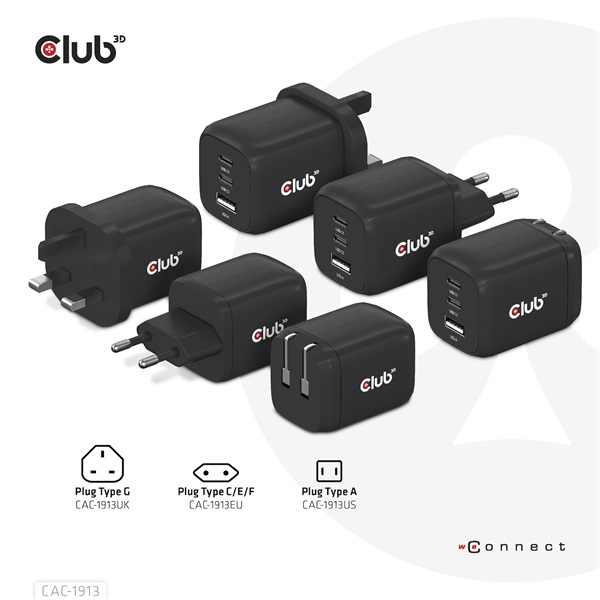 Club 3D Hálózati Adapter - CAC-1913EU (65W GAN, Triple port 2xUSB-C 1xUSB-A PD 3.0) - Image 5