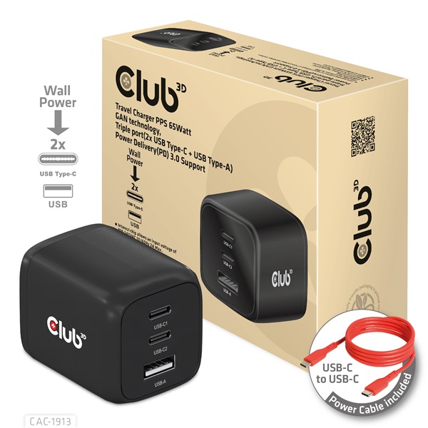 Club 3D Hálózati Adapter - CAC-1913EU (65W GAN, Triple port 2xUSB-C 1xUSB-A PD 3.0) - Image 6