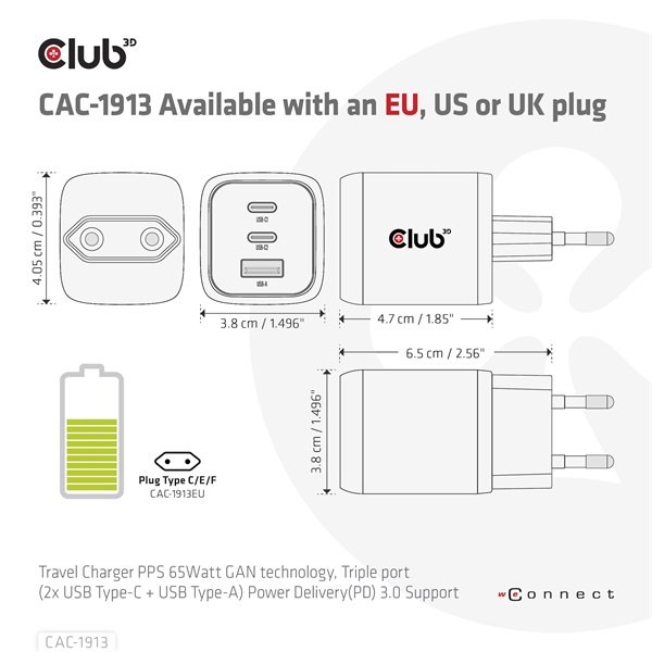Club 3D Hálózati Adapter - CAC-1913EU (65W GAN, Triple port 2xUSB-C 1xUSB-A PD 3.0) - Image 11