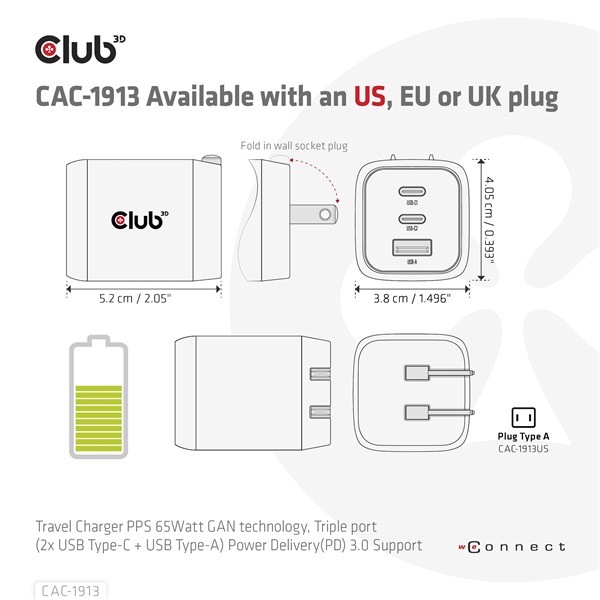 Club 3D Hálózati Adapter - CAC-1913EU (65W GAN, Triple port 2xUSB-C 1xUSB-A PD 3.0) - Image 12