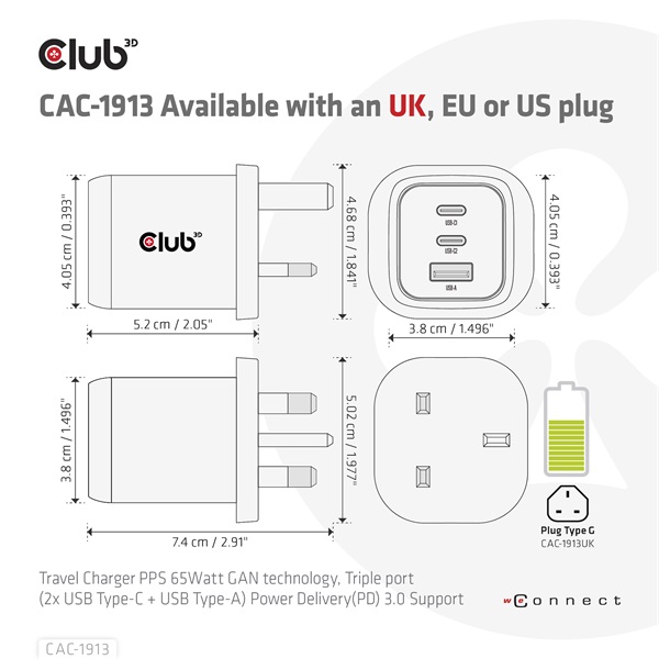 Club 3D Hálózati Adapter - CAC-1913EU (65W GAN, Triple port 2xUSB-C 1xUSB-A PD 3.0) - Image 13