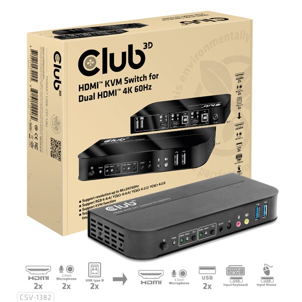Club 3D KVM Switch - CSV-1382 (Dual HDMI, 4K60Hz, USB, PC KVM funkció, HDR, 3D támogatás) - Image 5