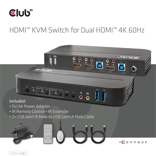 Club 3D KVM Switch - CSV-1382 (Dual HDMI, 4K60Hz, USB, PC KVM funkció, HDR, 3D támogatás) - Image 6