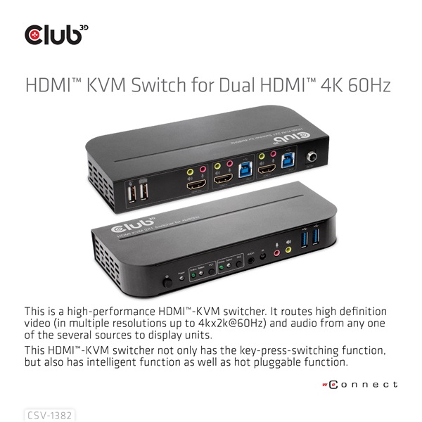 Club 3D KVM Switch - CSV-1382 (Dual HDMI, 4K60Hz, USB, PC KVM funkció, HDR, 3D támogatás) - Image 7