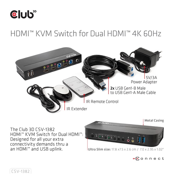 Club 3D KVM Switch - CSV-1382 (Dual HDMI, 4K60Hz, USB, PC KVM funkció, HDR, 3D támogatás) - Image 8