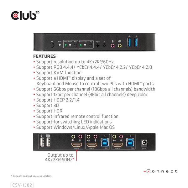 Club 3D KVM Switch - CSV-1382 (Dual HDMI, 4K60Hz, USB, PC KVM funkció, HDR, 3D támogatás) - Image 9
