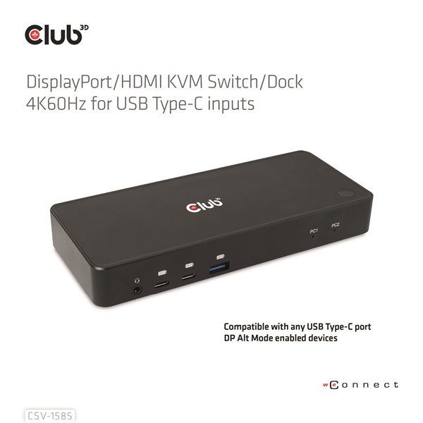 Club 3D KVM Switch - CSV-1585 (2xUSB-C to HDMI, DP, USB-C 100W PD3.0, 2xUSB-C, 3xUSB-A, 3,5 Jack, RJ45, 4k60Hz) - Image 3