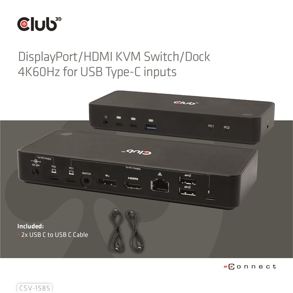 Club 3D KVM Switch - CSV-1585 (2xUSB-C to HDMI, DP, USB-C 100W PD3.0, 2xUSB-C, 3xUSB-A, 3,5 Jack, RJ45, 4k60Hz) - Image 4