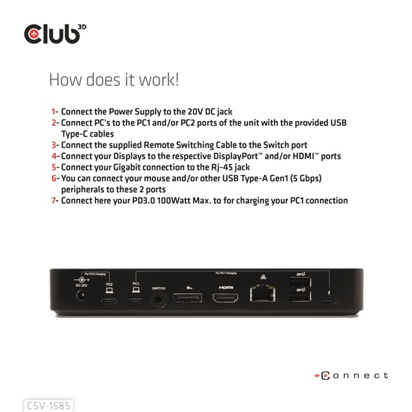 Club 3D KVM Switch - CSV-1585 (2xUSB-C to HDMI, DP, USB-C 100W PD3.0, 2xUSB-C, 3xUSB-A, 3,5 Jack, RJ45, 4k60Hz) - Image 6