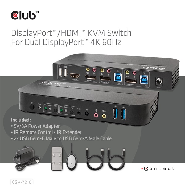 Club 3D KVM Switch - CSV-7210 (Dual DisplayPort, 4K60Hz, HDMI, KVM, IR távirányító) - Image 6