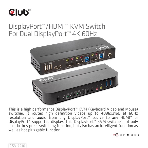 Club 3D KVM Switch - CSV-7210 (Dual DisplayPort, 4K60Hz, HDMI, KVM, IR távirányító) - Image 7