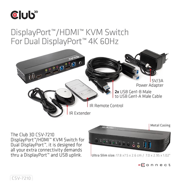 Club 3D KVM Switch - CSV-7210 (Dual DisplayPort, 4K60Hz, HDMI, KVM, IR távirányító) - Image 8