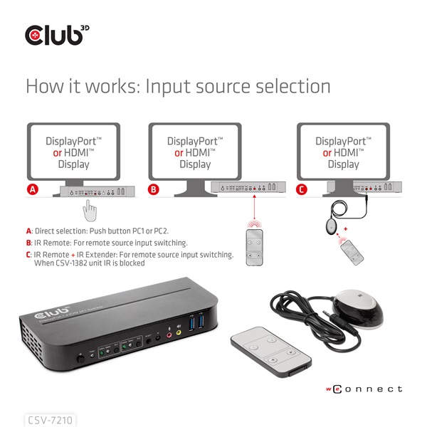 Club 3D KVM Switch - CSV-7210 (Dual DisplayPort, 4K60Hz, HDMI, KVM, IR távirányító) - Image 12