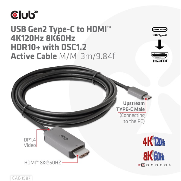 Club_3D_Kabel_-_CAC-1587_USB-C_Gen_2_to_HDMI_4K120HZ_8K60HZ_HDR10_DSC12_3m_aktiv-i455246.jpg Club 3D Kábel - CAC-1587 (USB-C Gen 2 to HDMI, 4K120HZ 8K60HZ, HDR10+, DSC1.2, 3m, aktív) - Image 2