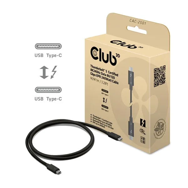 Club 3D Kábel - CAC-2501 (Thunderbolt 5 USB-C to USB-C, 240W, 80/120 Gbps, EPR, 8K240Hz, M/M, 1m) - Image 1