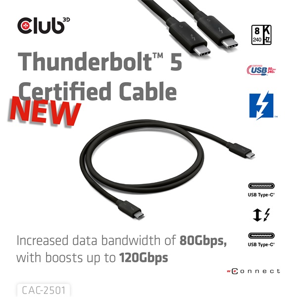 Club_3D_Kabel_-_CAC-2501_Thunderbolt_5_USB-C_to_USB-C_240W_80120_Gbps_EPR_8K240Hz_1m-i455661.jpg Club 3D Kábel - CAC-2501 (Thunderbolt 5 USB-C to USB-C, 240W, 80/120 Gbps, EPR, 8K240Hz, 1m) - Image 2