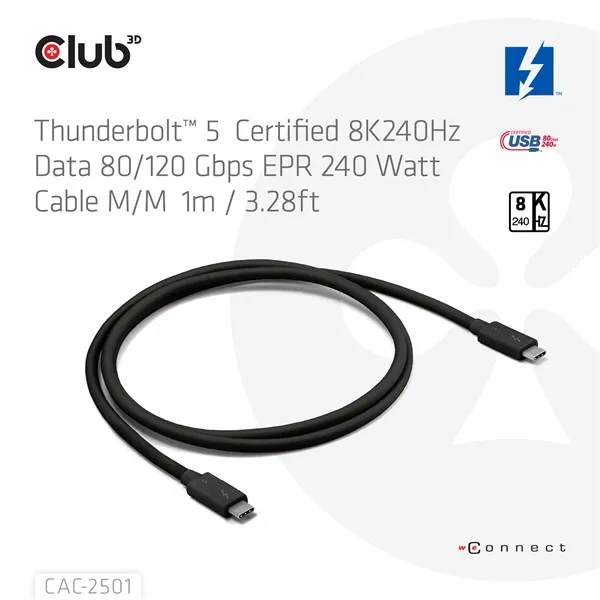 Club 3D Kábel - CAC-2501 (Thunderbolt 5 USB-C to USB-C, 240W, 80/120 Gbps, EPR, 8K240Hz, M/M, 1m) - Image 3