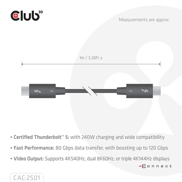 Club_3D_Kabel_-_CAC-2501_Thunderbolt_5_USB-C_to_USB-C_240W_80120_Gbps_EPR_8K240Hz_1m-i455671.jpg Club 3D Kábel - CAC-2501 (Thunderbolt 5 USB-C to USB-C, 240W, 80/120 Gbps, EPR, 8K240Hz, 1m) - Image 4