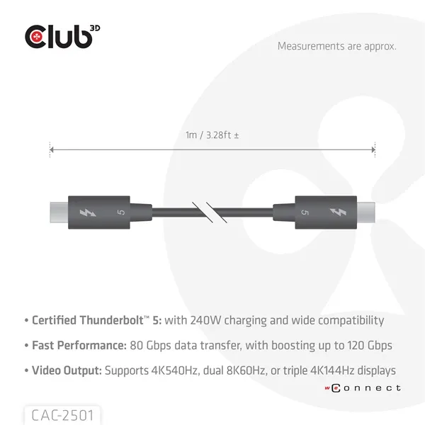 Club 3D Kábel - CAC-2501 (Thunderbolt 5 USB-C to USB-C, 240W, 80/120 Gbps, EPR, 8K240Hz, M/M, 1m) - Image 4
