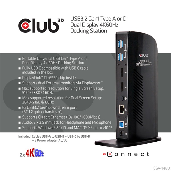 Club 3D Notebook Dokkoló - CSV-1460 (4K60HZ DUAL DISPLAY, 3.1 USB-A to 2x DP, 6x USB3.2, RJ45, 3.5 Jack Audio + Mic) - Image 2