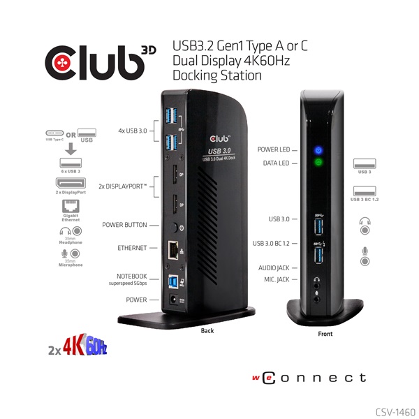 Club 3D Notebook Dokkoló - CSV-1460 (4K60HZ DUAL DISPLAY, 3.1 USB-A to 2x DP, 6x USB3.2, RJ45, 3.5 Jack Audio + Mic) - Image 3