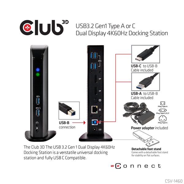 Club 3D Notebook Dokkoló - CSV-1460 (4K60HZ DUAL DISPLAY, 3.1 USB-A to 2x DP, 6x USB3.2, RJ45, 3.5 Jack Audio + Mic) - Image 4