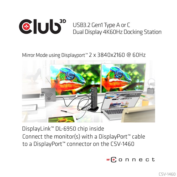 Club 3D Notebook Dokkoló - CSV-1460 (4K60HZ DUAL DISPLAY, 3.1 USB-A to 2x DP, 6x USB3.2, RJ45, 3.5 Jack Audio + Mic) - Image 5