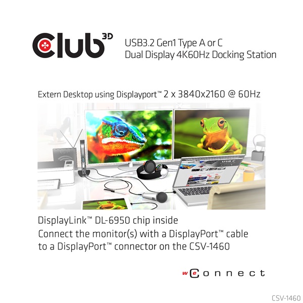 Club 3D Notebook Dokkoló - CSV-1460 (4K60HZ DUAL DISPLAY, 3.1 USB-A to 2x DP, 6x USB3.2, RJ45, 3.5 Jack Audio + Mic) - Image 6