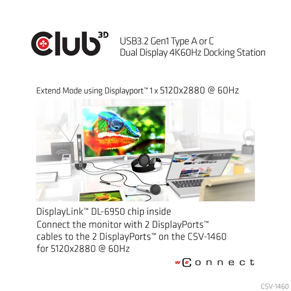 Club 3D Notebook Dokkoló - CSV-1460 (4K60HZ DUAL DISPLAY, 3.1 USB-A to 2x DP, 6x USB3.2, RJ45, 3.5 Jack Audio + Mic) - Image 7