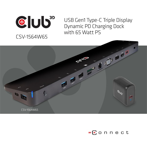 Club 3D Notebook Dokkoló - CSV-1564W65 (65W, 3.2 USB-C to 2xUSB-C, 5x USB-A,HDMI, PD, VGA, RJ45, SD, Micro SD, 3,5 Jack) - Image 5