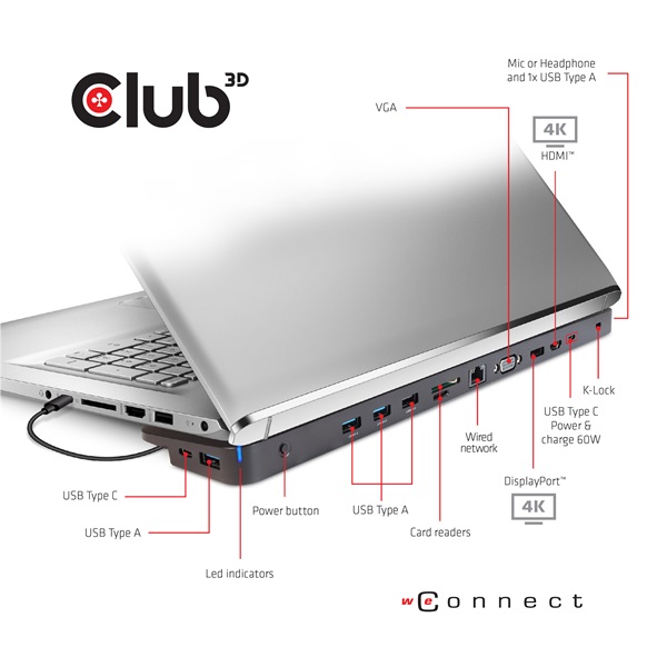 Club 3D Notebook Dokkoló - CSV-1564W65 (65W, 3.2 USB-C to 2xUSB-C, 5x USB-A,HDMI, PD, VGA, RJ45, SD, Micro SD, 3,5 Jack) - Image 6