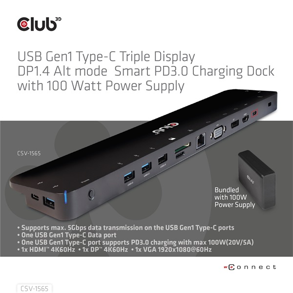 Club 3D Notebook Dokkoló - CSV-1565 (100W, USB-C to 5xUSB-A Gen 1, 2x USB-A 2.0, HDMI, DP,VGA, RJ45, Micro SD, 3,5 Jack) - Image 8