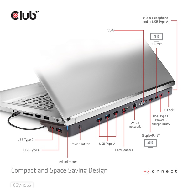 Club 3D Notebook Dokkoló - CSV-1565 (100W, USB-C to 5xUSB-A Gen 1, 2x USB-A 2.0, HDMI, DP,VGA, RJ45, Micro SD, 3,5 Jack) - Image 9