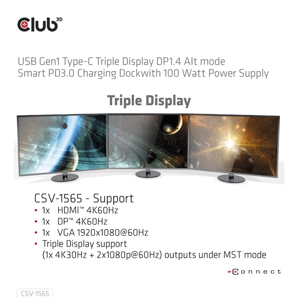Club 3D Notebook Dokkoló - CSV-1565 (100W, USB-C to 5xUSB-A Gen 1, 2x USB-A 2.0, HDMI, DP,VGA, RJ45, Micro SD, 3,5 Jack) - Image 13