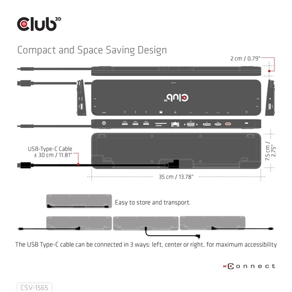 Club 3D Notebook Dokkoló - CSV-1565 (100W, USB-C to 5xUSB-A Gen 1, 2x USB-A 2.0, HDMI, DP,VGA, RJ45, Micro SD, 3,5 Jack) - Image 14