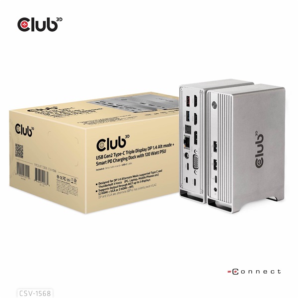 Club 3D Notebook Dokkoló - CSV-1568 (120W, Gen 2 USB-C to 4x USB-A, USB-C Gen 2, 2xHDMI, DP, VGA, RJ45, DC) - Image 6
