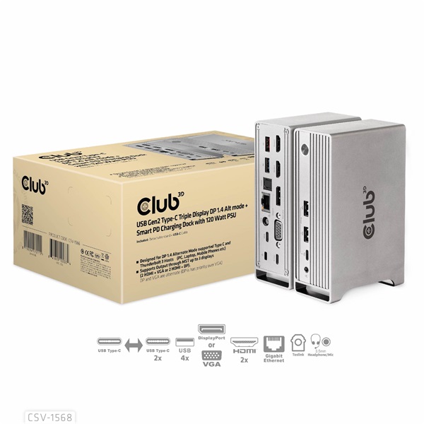 Club 3D Notebook Dokkoló - CSV-1568 (120W, Gen 2 USB-C to 4x USB-A, USB-C Gen 2, 2xHDMI, DP, VGA, RJ45, DC) - Image 7