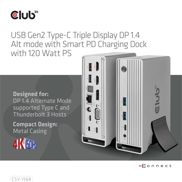 Club 3D Notebook Dokkoló - CSV-1568 (120W, Gen 2 USB-C to 4x USB-A, USB-C Gen 2, 2xHDMI, DP, VGA, RJ45, DC) - Image 8