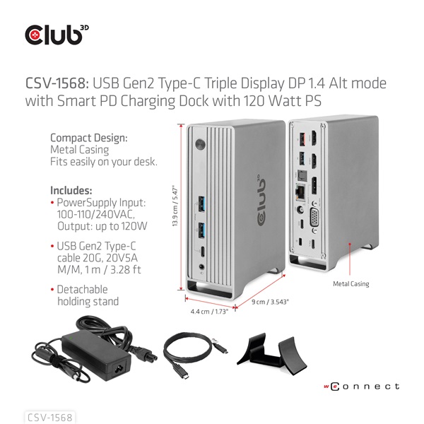 Club 3D Notebook Dokkoló - CSV-1568 (120W, Gen 2 USB-C to 4x USB-A, USB-C Gen 2, 2xHDMI, DP, VGA, RJ45, DC) - Image 9