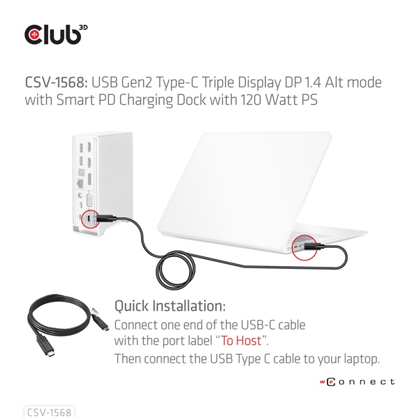 Club 3D Notebook Dokkoló - CSV-1568 (120W, Gen 2 USB-C to 4x USB-A, USB-C Gen 2, 2xHDMI, DP, VGA, RJ45, DC) - Image 10