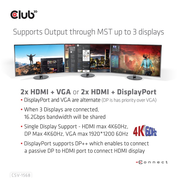Club 3D Notebook Dokkoló - CSV-1568 (120W, Gen 2 USB-C to 4x USB-A, USB-C Gen 2, 2xHDMI, DP, VGA, RJ45, DC) - Image 11