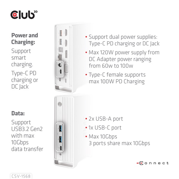 Club 3D Notebook Dokkoló - CSV-1568 (120W, Gen 2 USB-C to 4x USB-A, USB-C Gen 2, 2xHDMI, DP, VGA, RJ45, DC) - Image 12