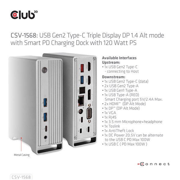 Club 3D Notebook Dokkoló - CSV-1568 (120W, Gen 2 USB-C to 4x USB-A, USB-C Gen 2, 2xHDMI, DP, VGA, RJ45, DC) - Image 13